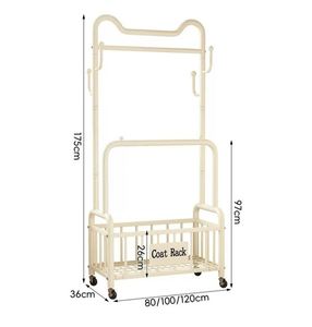 Porte-vêtements roulant en métal antirouille <span class=keywords><strong>pas</strong></span> <span class=keywords><strong>cher</strong></span> 360 °   Porte-manteau à double tringle sur roulettes silencieuses et verrouillables avec panier de rangement en maille et crochets latéraux - Product Image 2