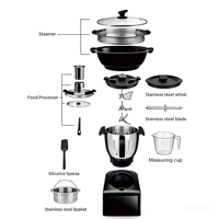 Robot culinaire intelligent 2400W avec écran tactile 10 pouces, bol en acier inoxydable 4,5L, cuiseur thermique
