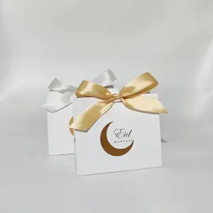 Boîtes en papier personnalisées pour fête du Ramadan, ensemble de sacs à bonbons, motif lune, umra, Mubarak, Eid Mubarak, sacs cadeaux avec ruban