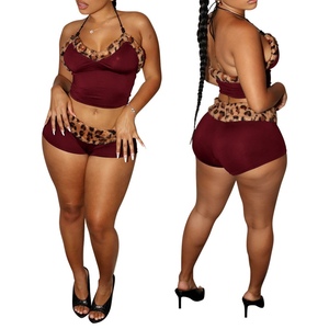 Sexy Lacing Short <b>Tops</b> Shorts Leopard Splicing Milk Silk Women's 2 Piece Set Fashion - Product Image 2