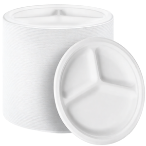 Round 3 Compartment Bagasse <b>Disposable</b> <b>Plate</b> White Biodegradable Compostable Food Serving Tray for Party Catering - Product Image 1