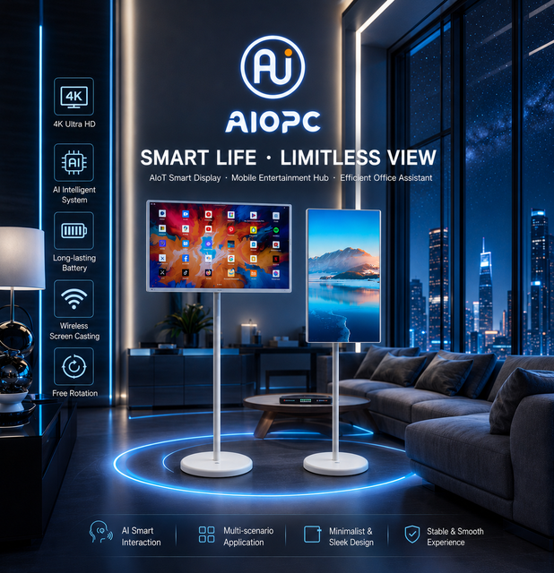 32 Inch Rotatable Smart Portable Tv with Android 12 Magnetic Camera Lcd Display on Wheels Advertising Screen for Home