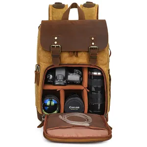 In Stock Multifunction Water Proof Waxed Canvas Genuine Leather Travel Dslr Camera Backpack Photography Bags