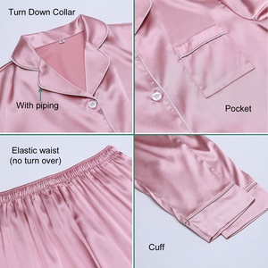 Logo personalizado para mujer, novia, dama de honor, fiesta, cuello vuelto, conjunto de 2 piezas, pijama de manga larga de satén de seda - Product Image 5