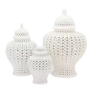 Klassieke Holle Witte Toon Vaas Keramische Knop Vaas Huisdecoratie 3 Stuks Een Set Gember Potten