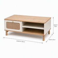 Table basse minimaliste en bois avec tiroir en jute tressé, étagère ouverte et bouton doré – Table basse naturelle
