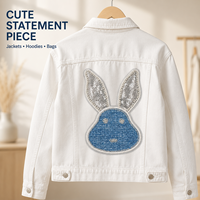Adorable patch en jean bleu avec applique lapin, oreilles en perles et sequins, accent brodé à coudre pour vestes, sweats à capuche, sacs et projets DIY