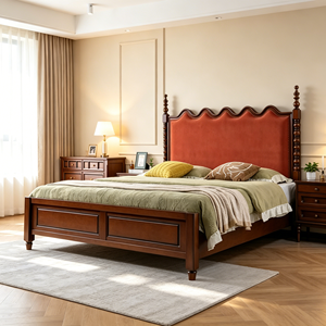 New Arrival Wavy Scalloped Upholstered Four Poster Solid Wood Bed with Matching Dresser & Nightstands - Product Image 1