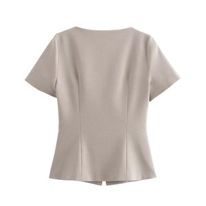 SHENZHU femmes 2024 automne nouvelle mode poche décoration Blouses Vintage à manches courtes femmes chemises <span class=keywords><strong>Chic</strong></span> haut - Product Image 3