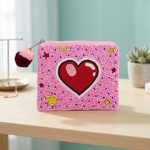Porte-monnaie carré rose brodé de cœurs perlés avec pompon, pochette zippée, porte-monnaie tendance fait main - Product Image 2