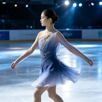 Costume de patinage artistique bleu dégradé à une épaule, drapé, dos profond, jupe ornée de strass pour adultes et enfants, pour concours et spectacles de danse sur glace