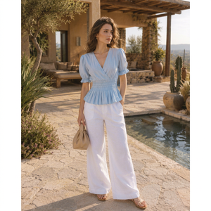 Bulk Custom Women's Solid Bohemian Cotton <b>Linen</b> Two-Piece Set V-Neck Puff Sleeves Peplum <b>Top</b> Wide-Leg Trousers Casual Summer - Product Image 1