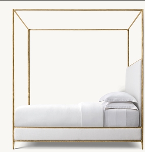 Lit à baldaquin en bois avec panneau en tissu et laiton forgé à la main, mobilier de chambre à coucher moderne de luxe, lit king-size - Product Image 3