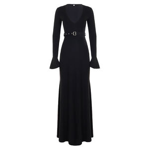 Robe de <span class=keywords><strong>soir</strong></span>ée élégante pour femme Z-3072, coupe trapèze longue, manches évasées, taille haute avec ceinture, col en V, ajustée, respirante et infroissable - Product Image 6