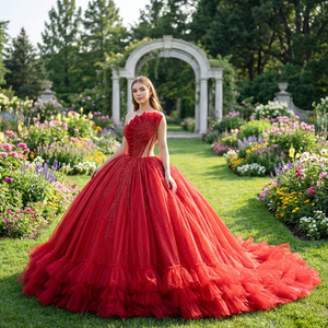 ชุดราตรีทรงบอลกาวน์ ผ้าซาติน ประดับเลื่อม ลูกปัด ดอกไม้ 3 มิติ ประดับประดาด้วยกลิตเตอร์สีแดง จับจีบแบบธรรมชาติ ชายกระโปรงยาวแบบชาเปล เหมาะสำหรับงานวันเกิดหรืองานฉลองวันเกิดอายุ 15 ปี รุ่น Mcd09 - Product Image 1