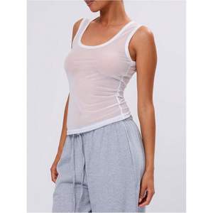 Top de malla transparente para mujer, cuello redondo, sin mangas, ajustado, transpirable, fruncido, de punto - Product Image 1