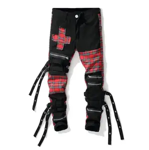 Fashion Red Plaid Patchwork Punk Zipper Men Pencil Jeans Trousers Y2K Buckle Hip Hop Gothic Slim Denim Pants
