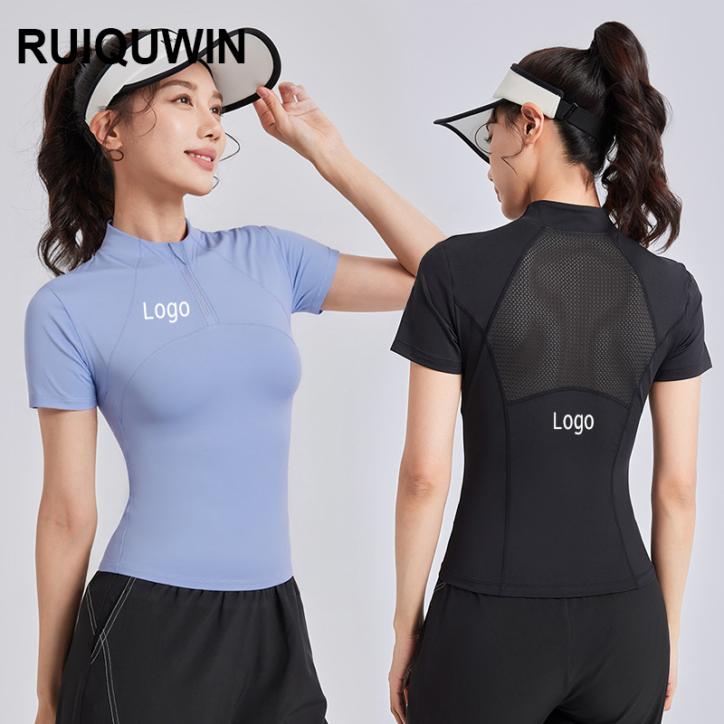 RUIQUWIN Custom Women's Outdoor Running Short Sleeve T Shirt Half Zip High Stretch Yoga Top Breathable Mesh Back Fitness Shirt