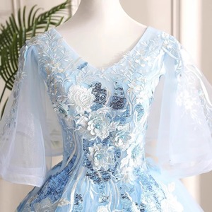 Blue Tulle Performance Gown Long Skirt Women Stage Costume Polyester Fiber Sequins Art Exam Folk Song Solo Bel Canto Tutu Dress - Product Image 3