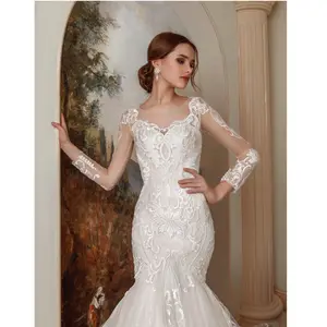 Роскошное белое свадебное платье Русалка свадебное платье Sofe тюль с кружевными длинными рукавами на шнуровке