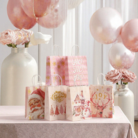 Sacs cadeaux de Noël en papier kraft rose avec motif Père Noël, arbre, maison de neige, rennes, sacs d'emballage pour les fêtes