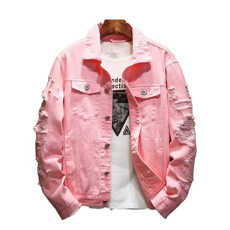 High quality denim Jacket Men Ripped Holes pink Mens Denim Jacket Buttons Fashion Streetwear Pockets Casual Male Coat 7XL