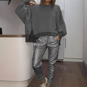 ชุด2ชิ้นกางเกงทรงหลวมลำลองคอกลมผ่าข้างสำหรับผู้หญิง - Product Image 4