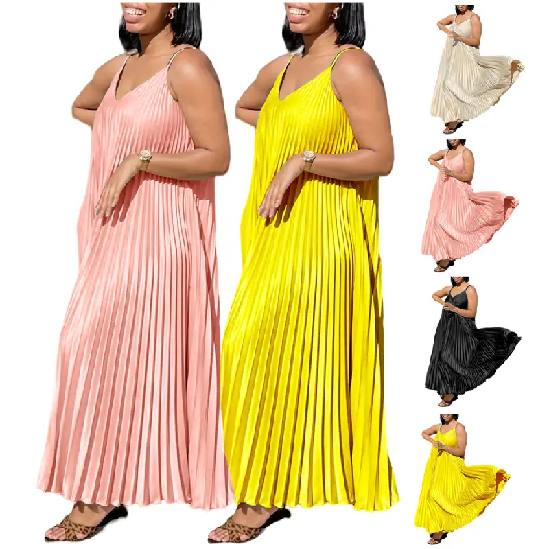 MG8571 Latest Design Loose Summer Dresses For Women V-Neck Strap A-line Long Dresses Women Casual Vacation Pleated Dress