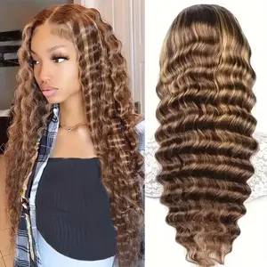 13x4 Lace Front Human Hair Wig Highlight Deep Wave Ombre P4/27 Lace Front Wigs Human Hair Transparent Curly Deep Wave For 150%