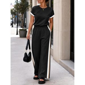 Combinaison une pièce pour femmes, pantalon à jambes larges, manches courtes, couleur unie, col rond, tenue de voyage et d'entraînement longue - Product Image 2