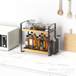 Étagère de rangement de cuisine en bois à double couche avec structure en fer pour condiments et bouteilles, organisateur de comptoir - Product Image 2