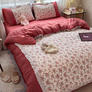 Design floral dentelle creuse douce 4 pièces housse de <span class=keywords><strong>couette</strong></span> ensemble <span class=keywords><strong>nuage</strong></span> sentiment Double couche fil lavé microfibre drap de lit ensemble de literie - Product Image 5