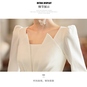 <b>White</b> V-Neck Satin Evening Gown Long Sleeve A-Line <b>Wrap</b> Dress For Banquet And Events - Product Image 4