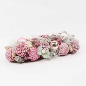 Wholesale 13" Refined Christmas Decoration Supplies Pink Pine Cone Table Decorating Tealight 2 Wick Glass Cup Candle Holder