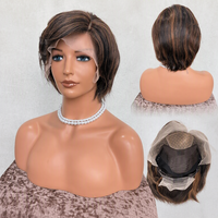 Perruque en cheveux humains personnalisée avec dessus en soie, sans colle, densité 150%, 8 pouces, dégradé naturel, mèches blond cendré, coupe pixie, perruque courte bob