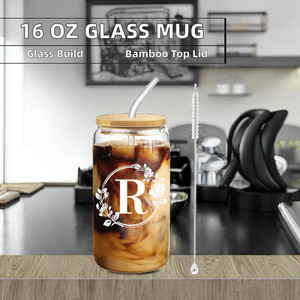 Commercio all'ingrosso 16oz bicchieri classici di <span class=keywords><strong>vetro</strong></span> Ronghe di marca lettera di vendita calda Logo Cola può a forma di <span class=keywords><strong>tazza</strong></span> <span class=keywords><strong>con</strong></span> <span class=keywords><strong>coperchio</strong></span> di bambù e paglia di <span class=keywords><strong>vetro</strong></span> - Product Image 2