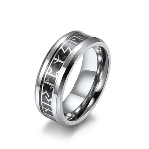 Viking Script Carbon Fiber <b>Titanium</b> Steel <b>Ring</b> Men's Black Gold Inlay Nordic Style Jewelry Gift - Product Image 5