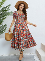 Robe maxi élégante d'été pour femmes Grande taille Imprimé floral Style doux Col carré