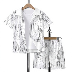 White Printed Short Sleeve Shirt Shorts Set Boys Casual Summer Wear Woven Fabric Patterned Design Polyester/Cotton Slight - Product Image 1