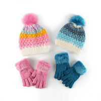 Ensemble deux pièces bonnet et gants en tricot pour enfants d'hiver à pompon tendance Dégradé de couleurs Plus polaire Bonnet chaud pour enfants