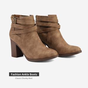 Bottines à talons épais en cuir suédé souple de haute qualité avec fermeture à glissière au dos bottines à bout rond pour femmes - Product Image 4