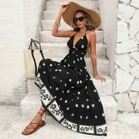 Robe longue unie pour femme, col licou, coupe ajustée, en viscose, style soirée mondaine, disponible en noir, vente en gros avec faible MOQ