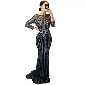 Serene Hill Black O Neck Full Sleeve Sexy Evening Long Dresses Mermaid Beading Party Lady Wear Gowns For Women LA6591