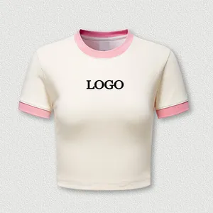 Custom Y2k Graphic Printed Slim Fit Cotton Cropped T shirts Streetwear Pink Baby Tee Ringer Crop Top T shirt for Women