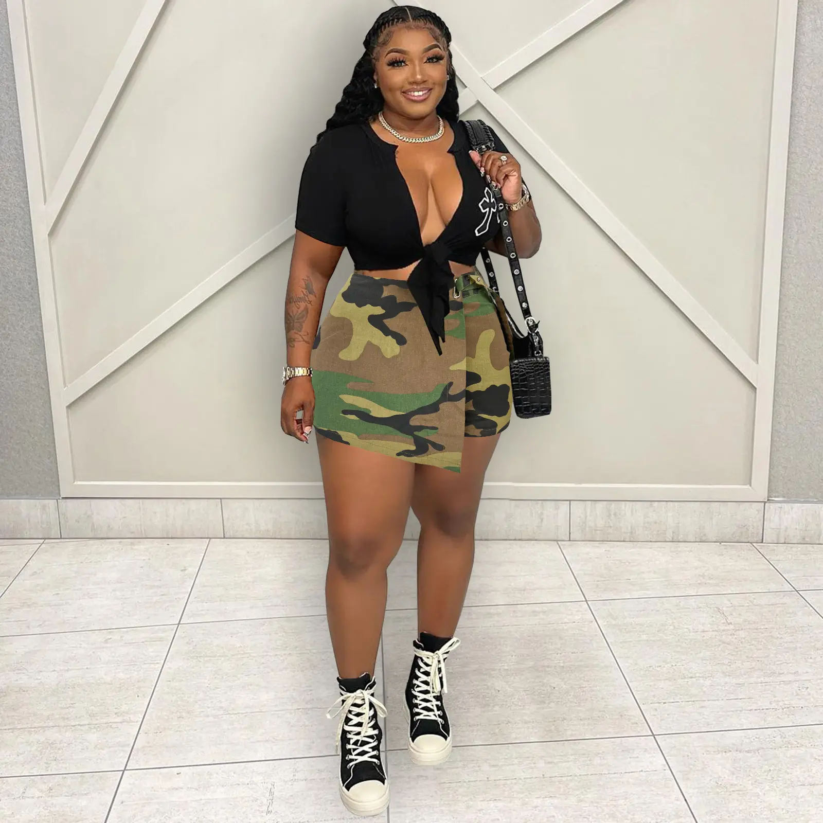 S-XXXL Plus size Female outfit fashion Lace-up t-shirt asymmetrical camouflage shorts 2 pieces set for women summer 2023