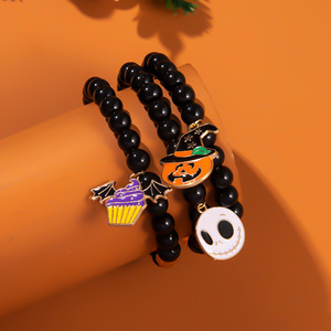 Halloween Cartoon <b>Beaded</b> <b>Bracelet</b> Set Black Elastic Rope Three Strand Party Jewelry Pumpkin Ghost Skull Charm <b>Bracelets</b> - Product Image 3