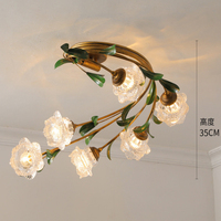Lustre en cuivre artistique avec décoration de boutons de rose, motif de chambre à coucher, lumières de lustre, fleur scintillante avec feuille
