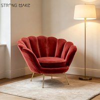 Meubles de salon modernes, tapisserie en velours rouge, coquille fleur doigt loisirs Accent canapé chaise avec pieds dorés