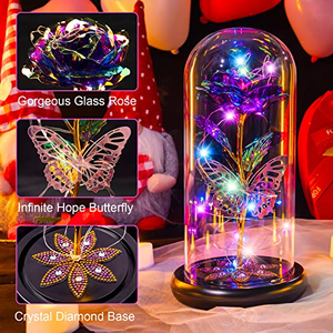 Rose en feuille d'or 24 carats sous dôme en verre avec lumières LED 2026 - Cadeau écologique pour intérieur/extérieur pour Noël, la Saint-Valentin, la Fête des Mères - Product Image 3