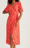Nouvelle Arrivée Été 2026 USA Australie : Robe Midi Rouge à Motifs Floraux, Col V Cache-cœur, Manches Courtes Volantes, Coupe Cache-cœur, Grande Vente